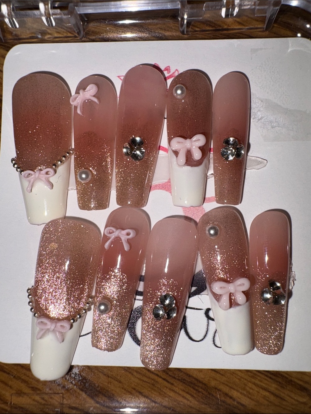 Neutral Pink Glitter French Press-On Nails with Bow & Gem Details